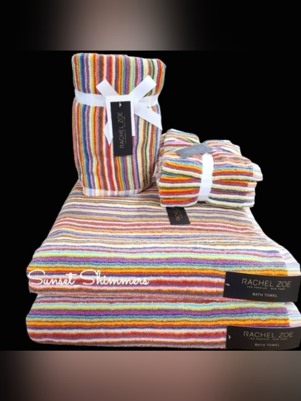 8pc Rachel Zoe Cotton Rainbow Striped Multicolored Bath Hand Washcloth Towel Set
